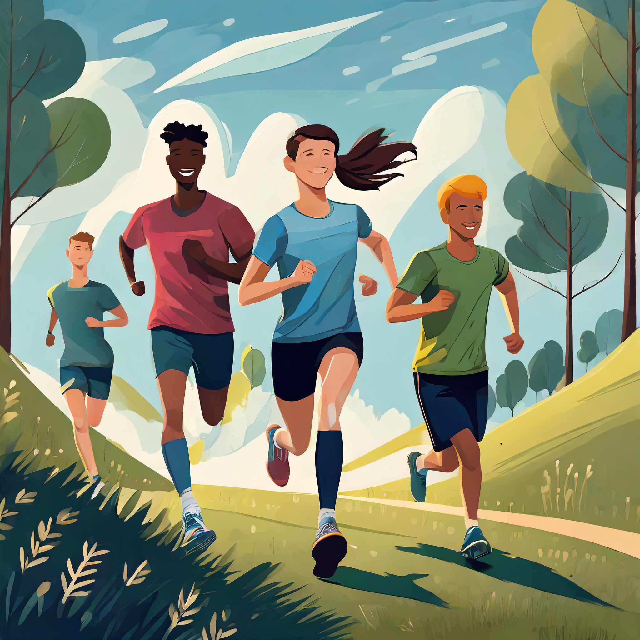 Group of youth running training in nature inspirational illustration Illustration of a group of youth running and training in nature